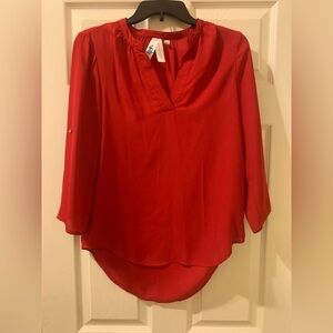 Society Red 3/4 Sleeve Relaxed Blouse with Mandarin Collar